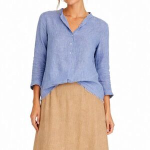 Finley 100% Linen Blue popover Top Raw Hem Lightweight Summer Size Small